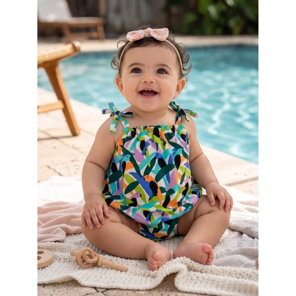 Hanna Andersson Tropical Parrot Print Cotton Bubble Romper Size 2T (85cm)
